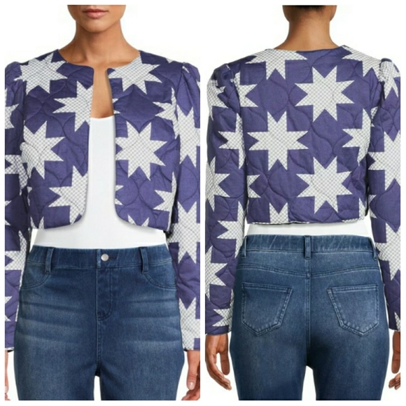 💎NWT Star Quilted Blue & White Crop Jacket - Picture 12 of 14